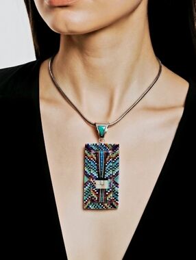 Remarkable Artisan Micro Inlay Mosiac Pendant wt Opal, Lapis, Turquoise